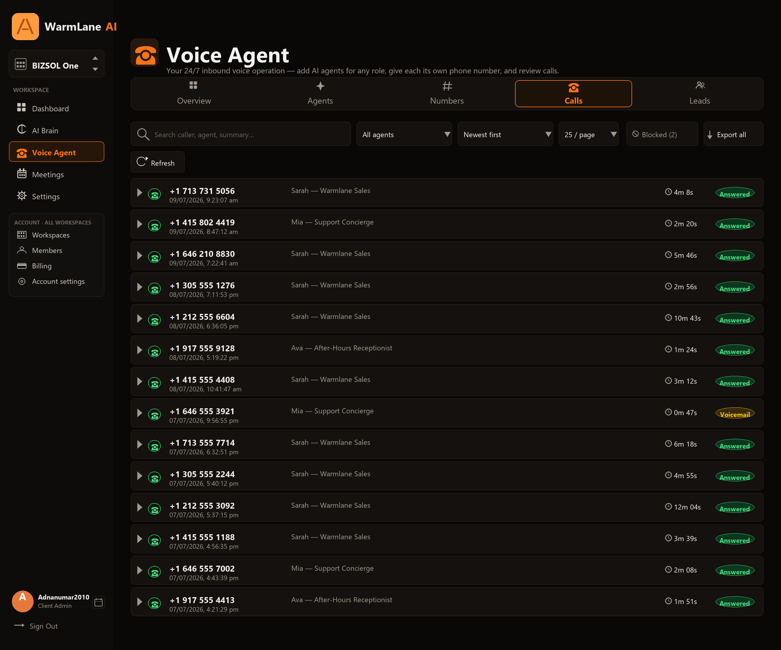 WarmLane call log showing each inbound call with a full text transcript, AI-detected purpose, sentiment and QA score.