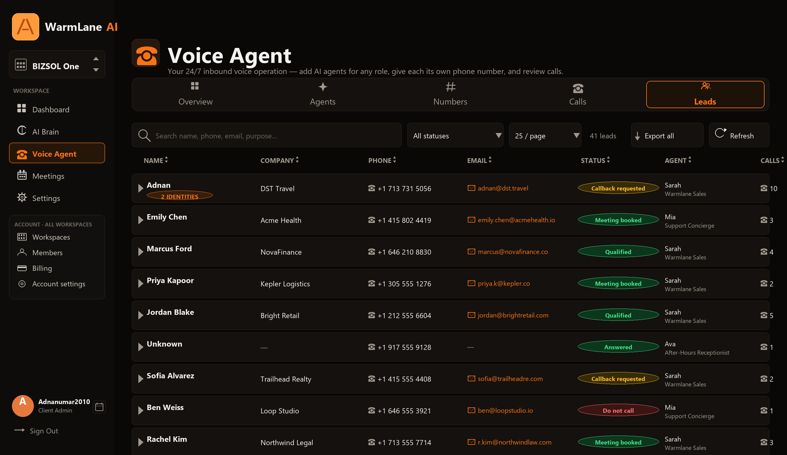 WarmLane leads view listing every caller captured by the AI voice agent with name, phone, email and the reason they called.