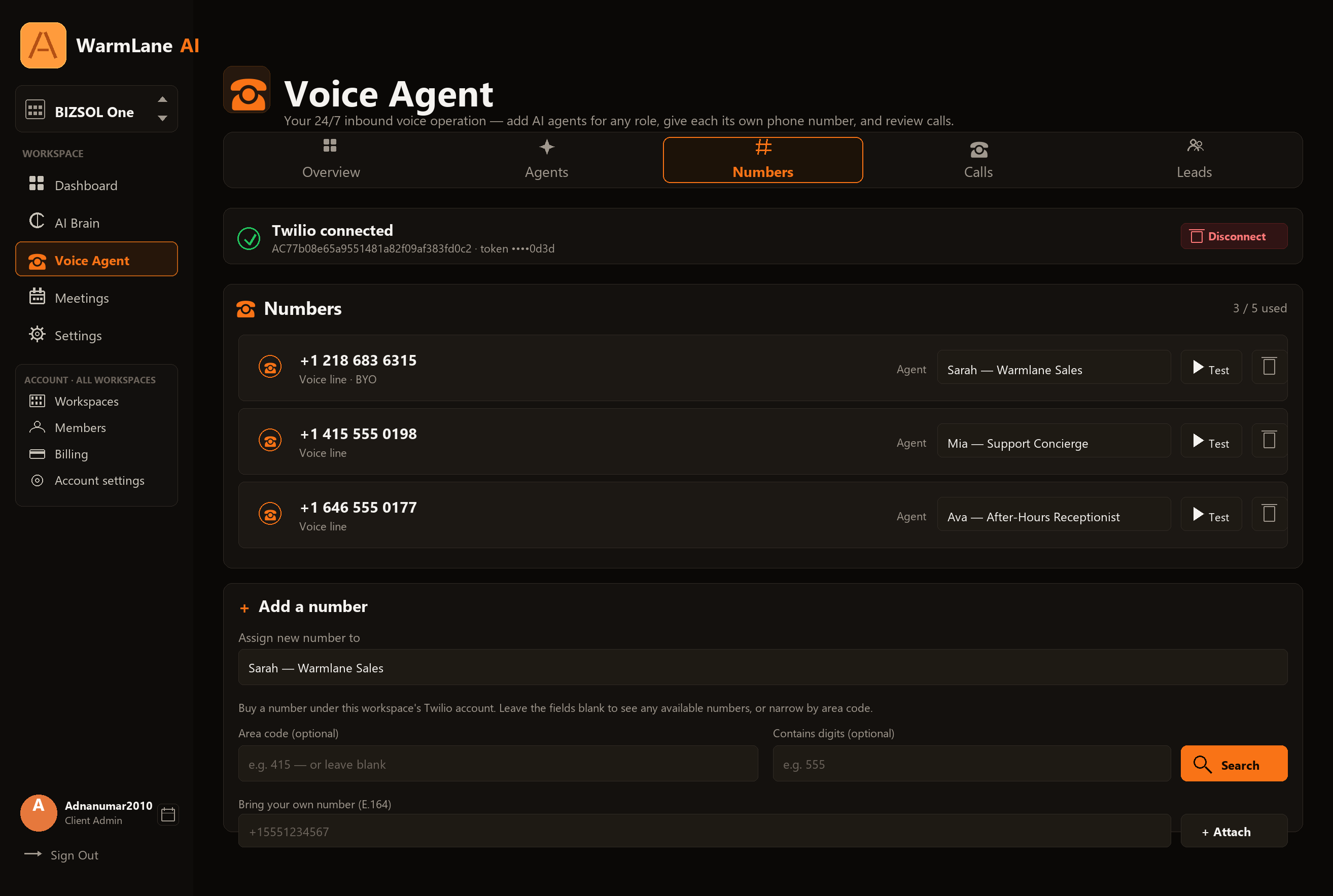 WarmLane phone numbers screen showing a business number connected to an AI voice agent with routing and forwarding rules.